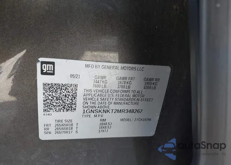 2021 Chevrolet Tahoe 4Wd Lt из США, поврежденный, VIN 1GNSKNKT2MR348267